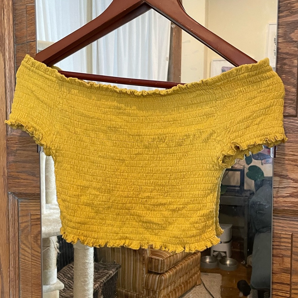 Yellow off the shoulder smocked crop top
